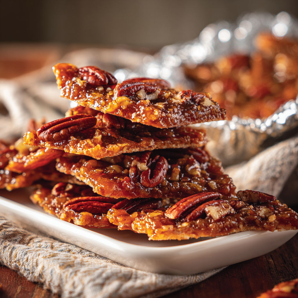 A stack of pecan-covered crackers on a plate.