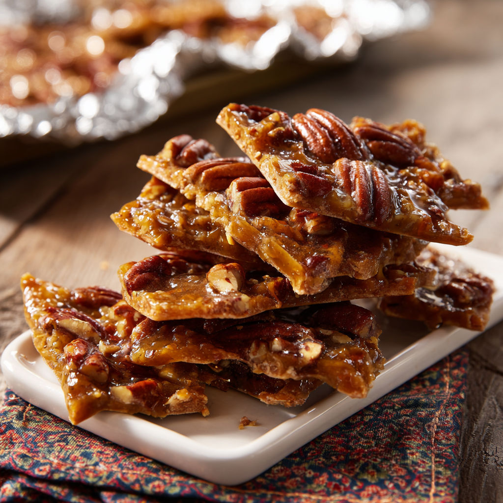A stack of pecan pie bars on a plate.