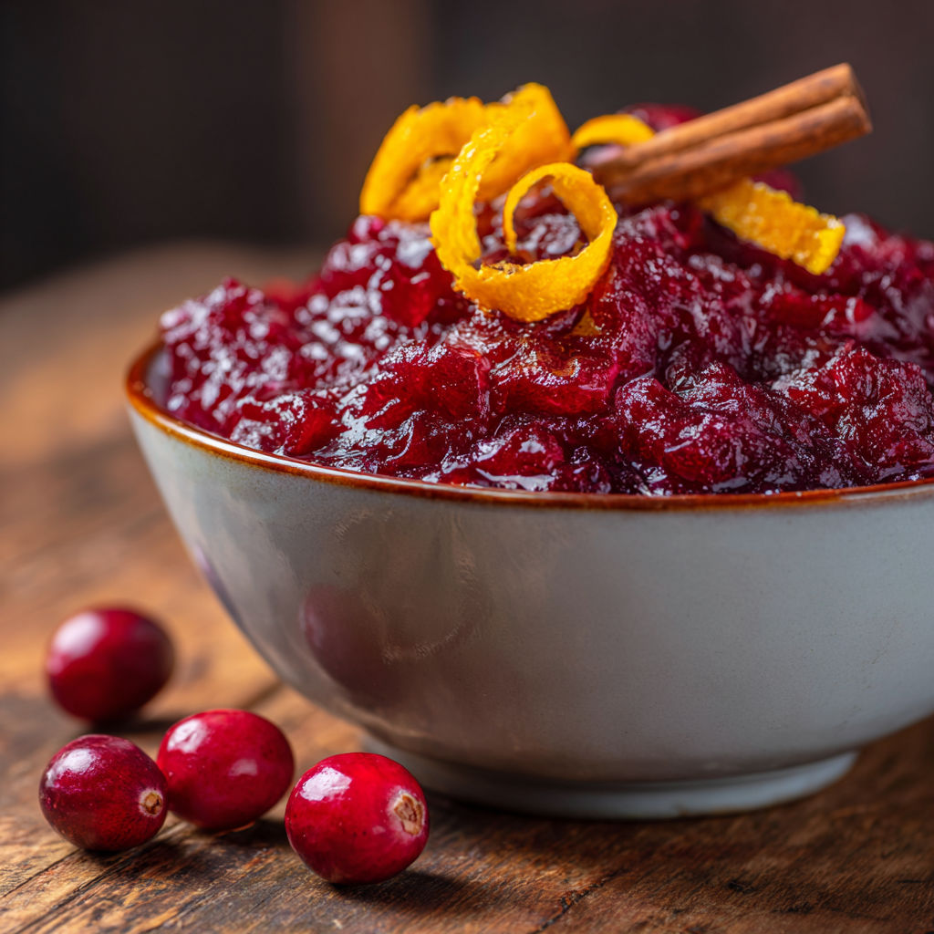 A bowl of red cranberry sauce with orange slices on top.