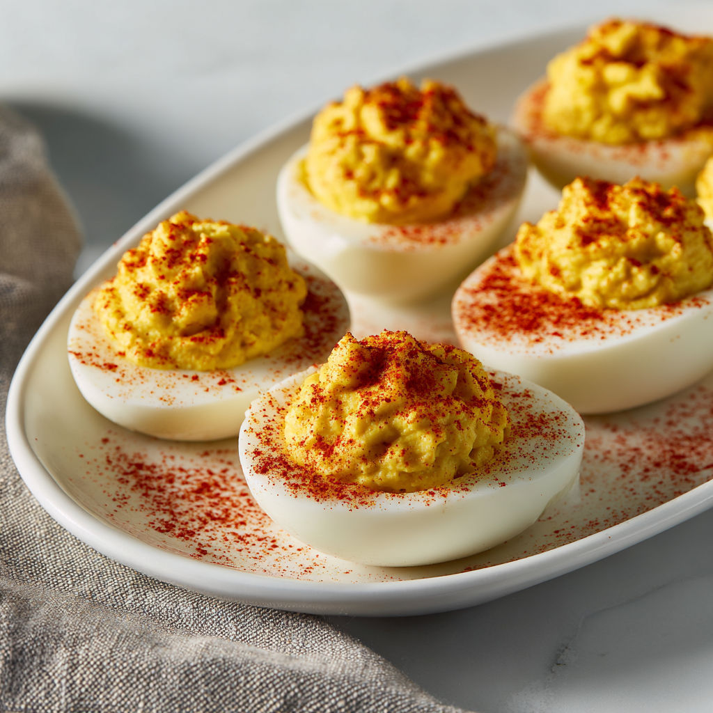 A plate of deviled eggs with a spoonful of mustard on top.