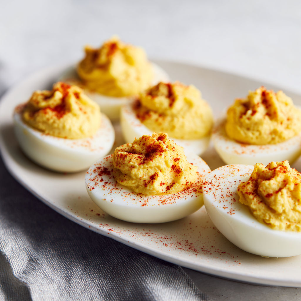 A plate of deviled eggs with a spoonful of mustard.