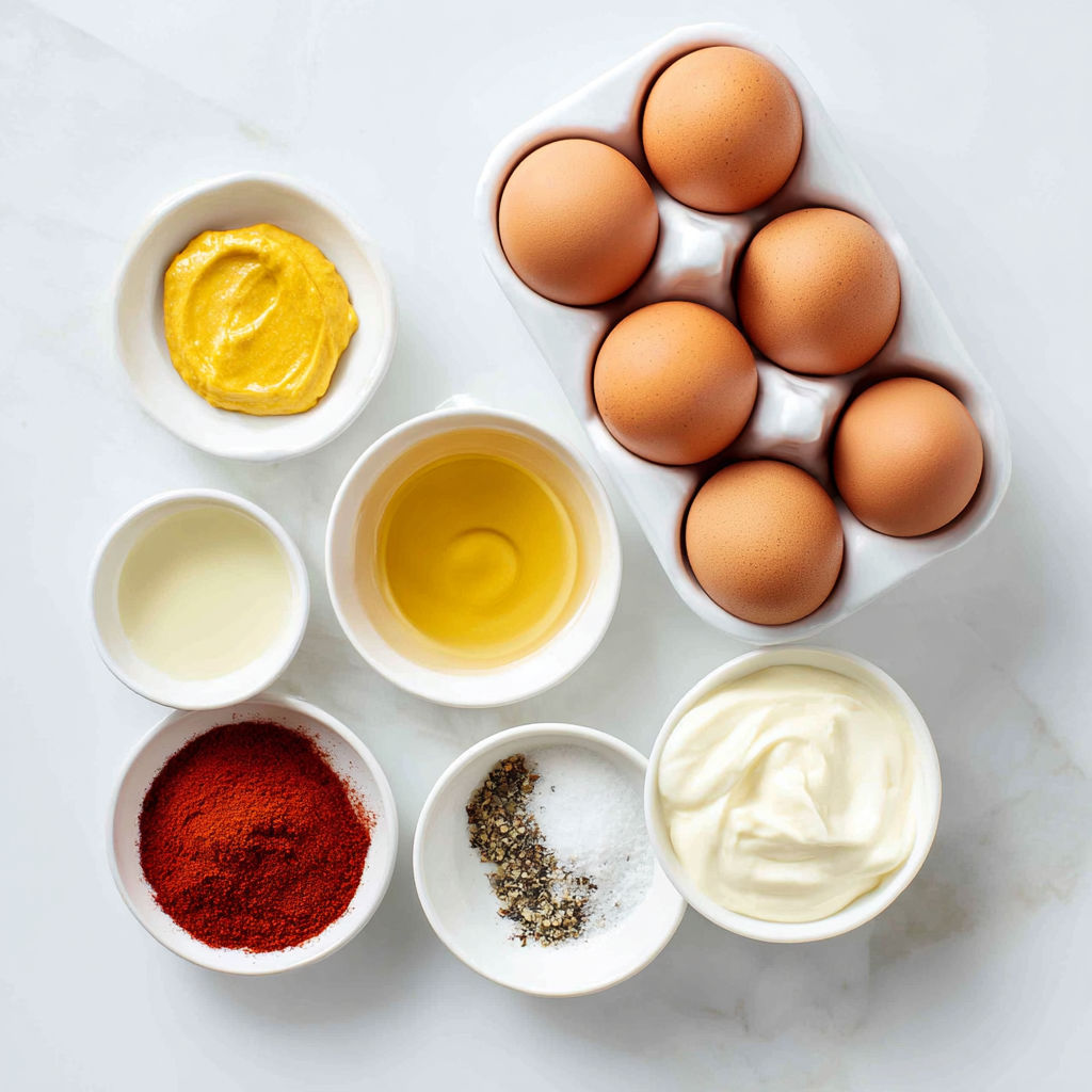 A collection of ingredients for classic deviled eggs.