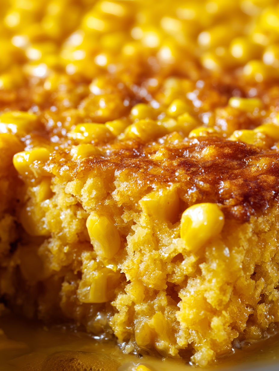 A close up of a sweet creamed corn casserole.
