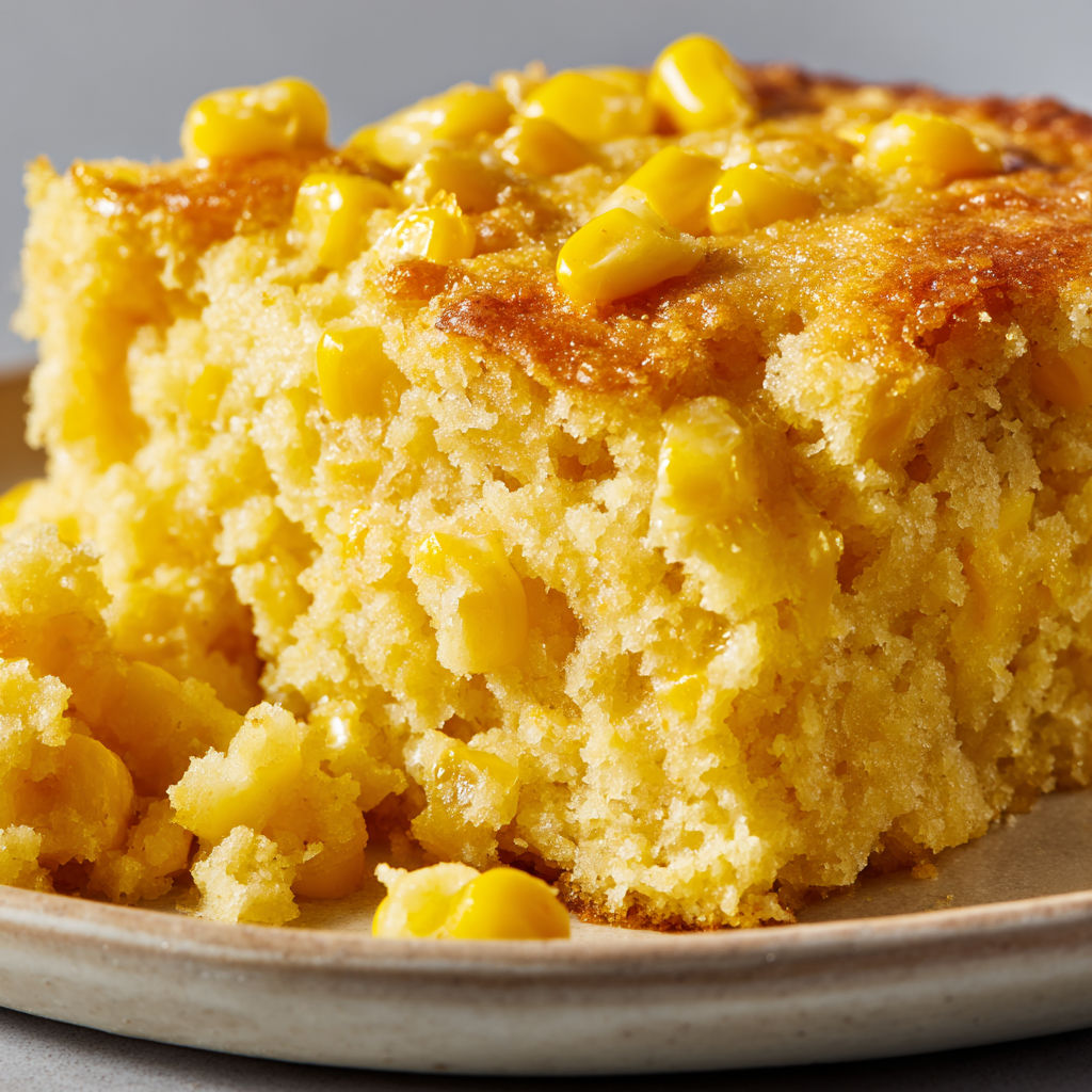 A piece of corn casserole on a plate.