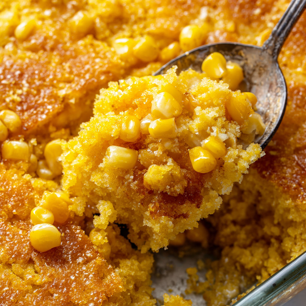 A spoonful of sweet creamed corn casserole.