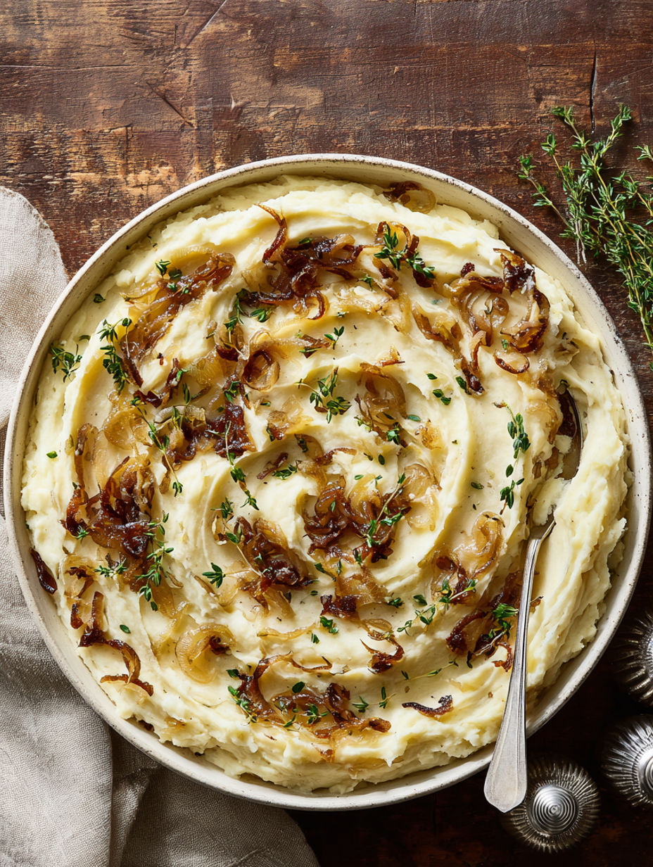 A dish of mashed potatoes with onions.