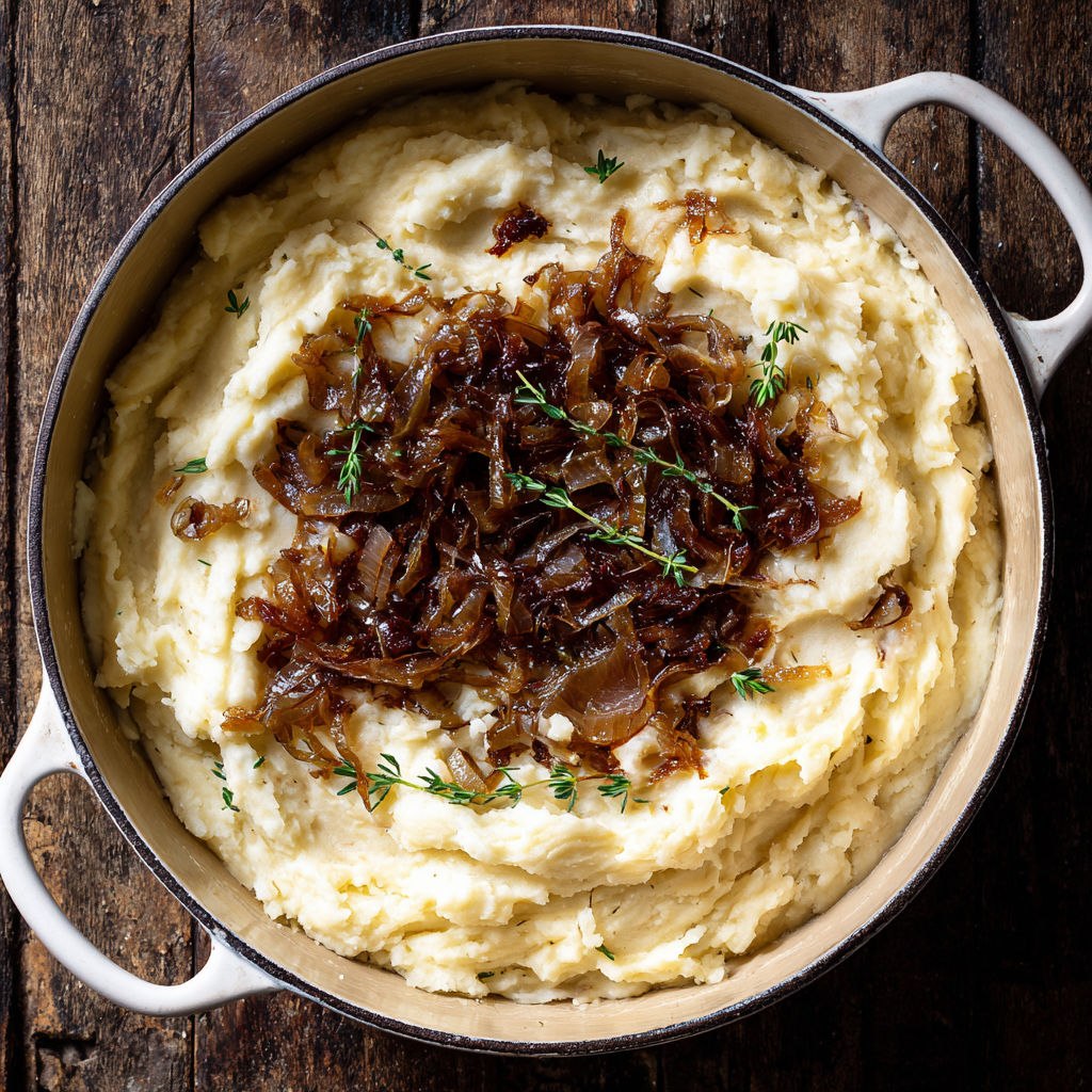 A bowl of mashed potatoes with caramelized onions.