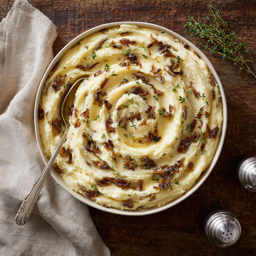 A bowl of mashed potatoes with caramelized onions.
