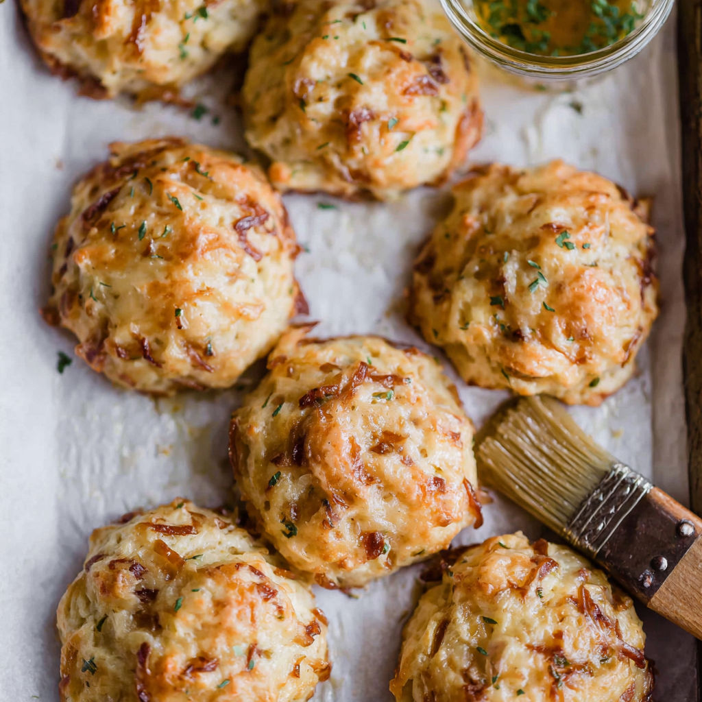 A wooden spoon is resting on a tray of caramelized onion and gruyere drop biscuits.