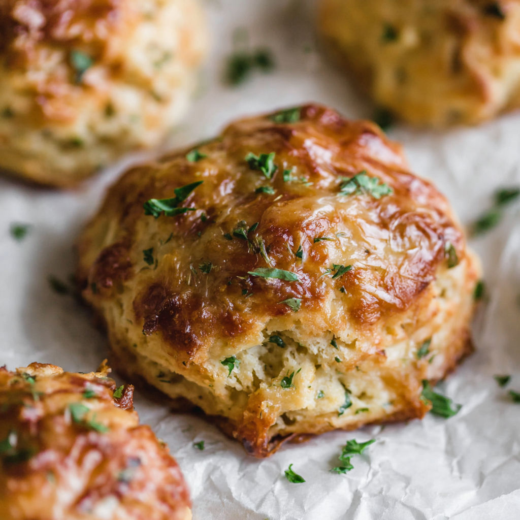 A close up of a biscuit with green herbs on top.