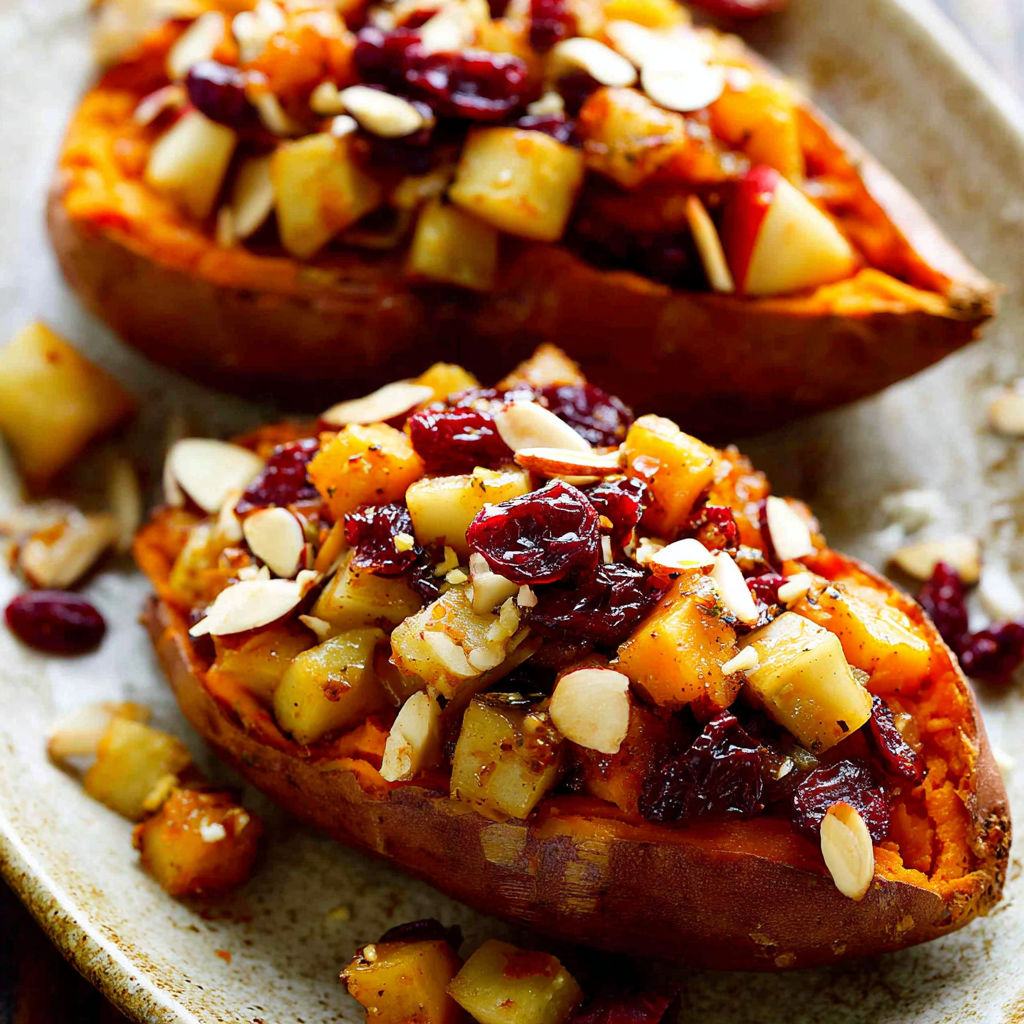 A plate of sweet potatoes with cranberries and almonds.