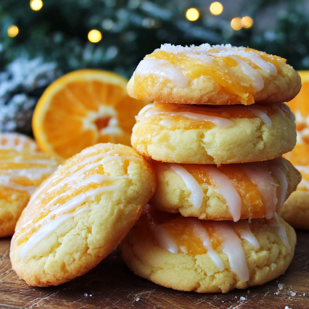 White chocolate creamsicle orange cookies stacked on a table.