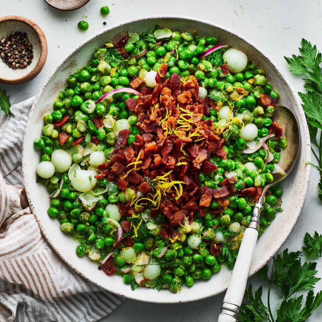 A bowl of food with peas, onions, and bacon.