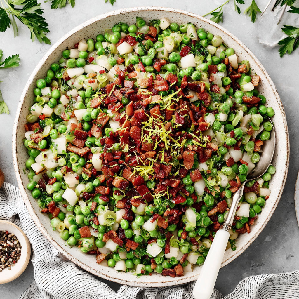 A bowl of food with bacon and peas.