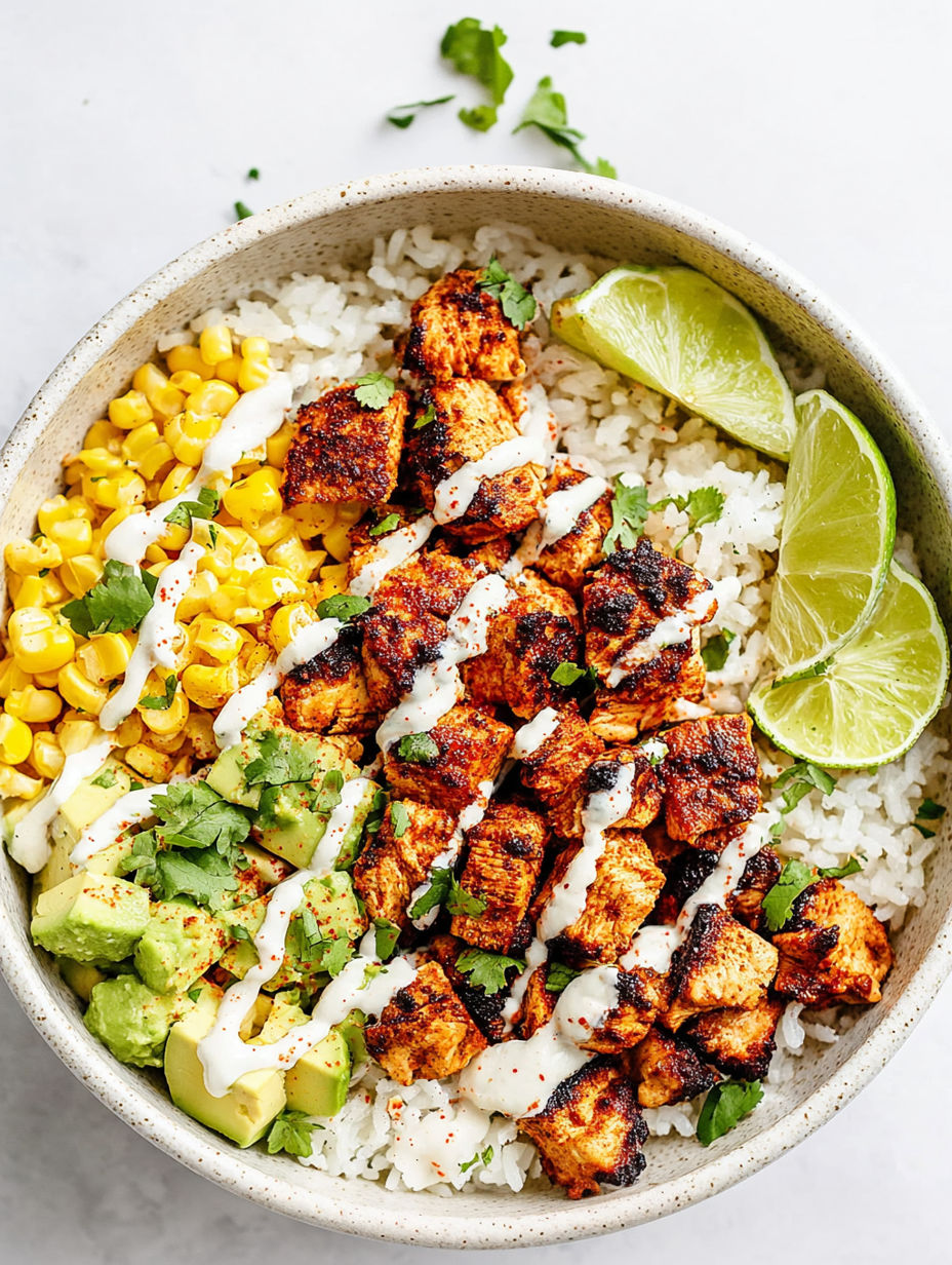 A bowl of food with rice, chicken, and corn.