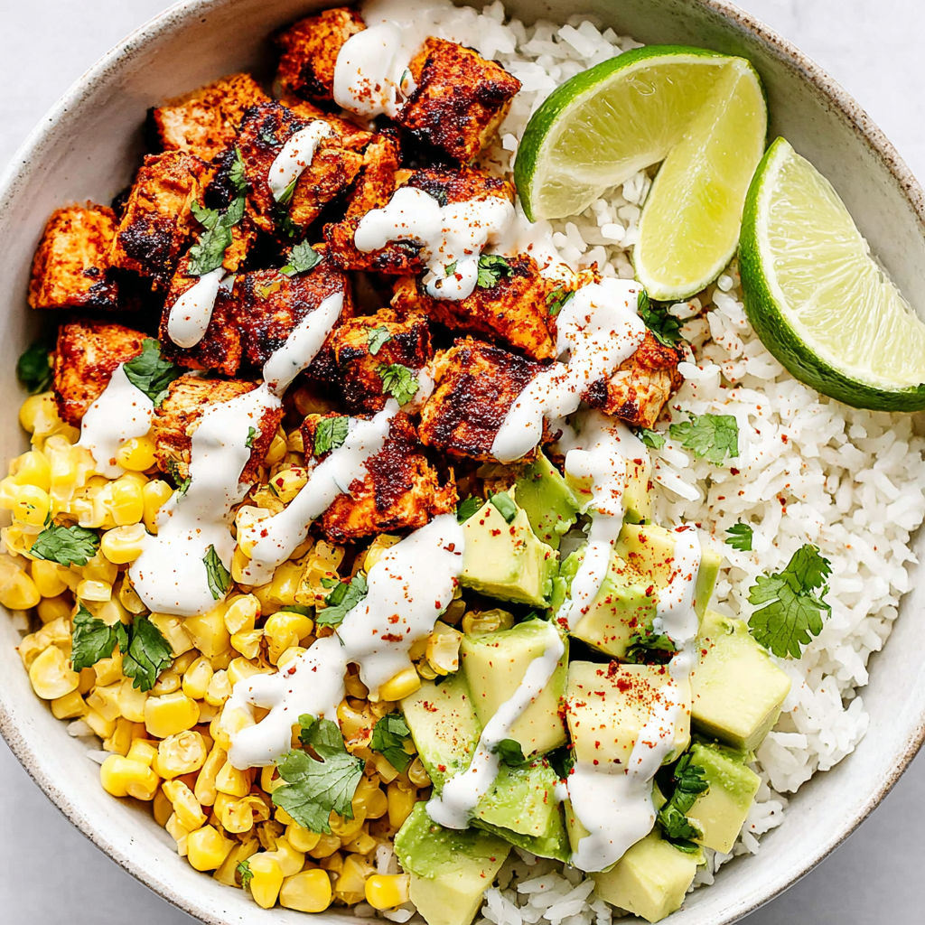 A bowl of food with chicken, rice, and lime.