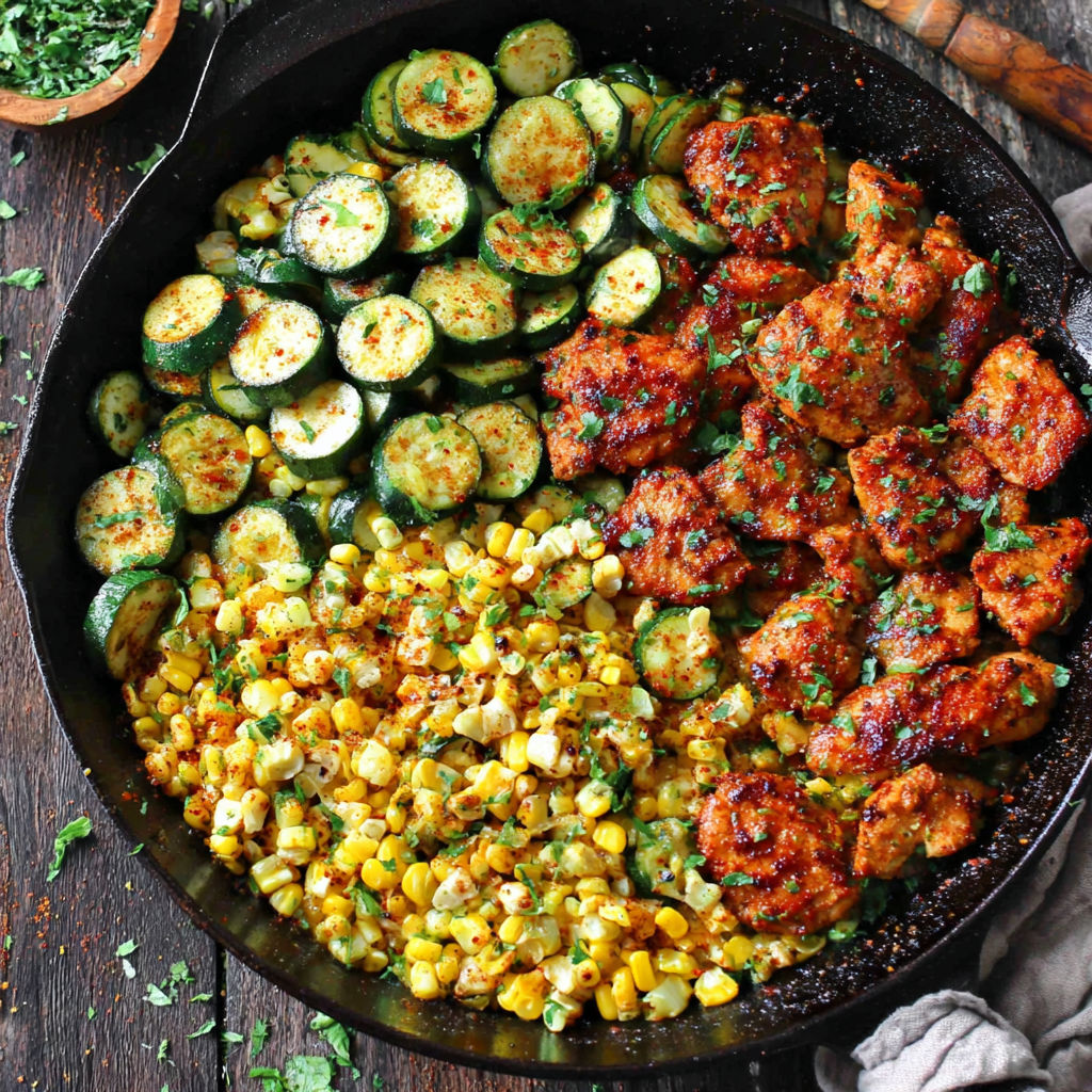 A pan of food with chicken, corn, and zucchini.