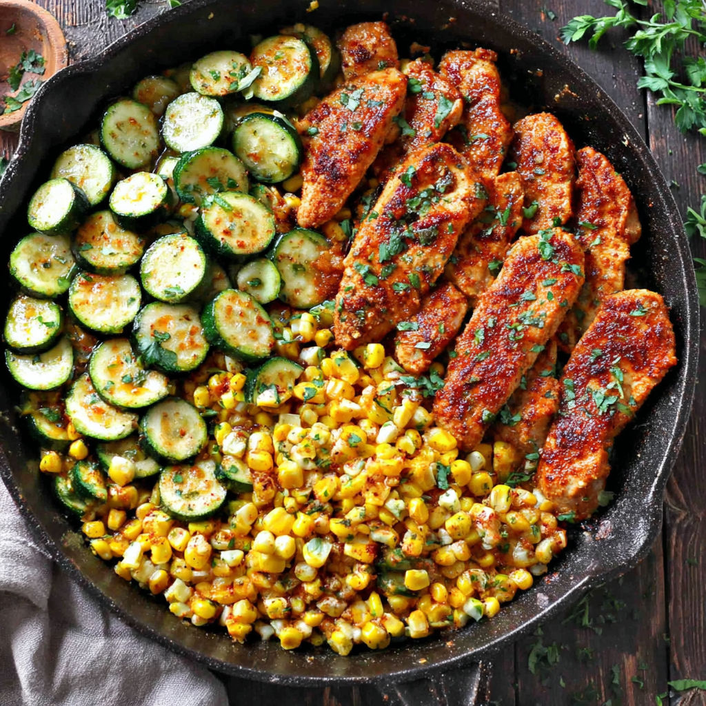A pan of chicken, corn, and zucchini.