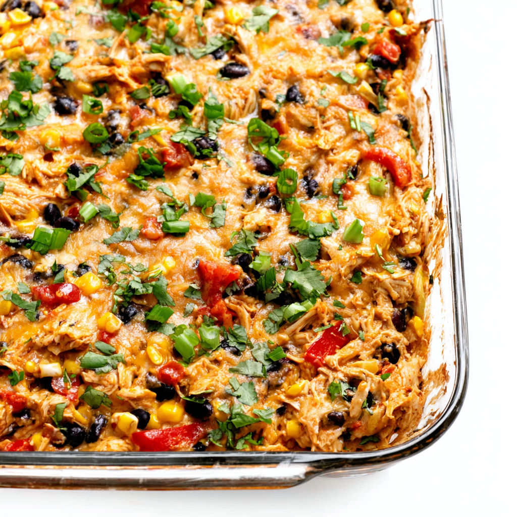 A dish of chicken burrito casserole.