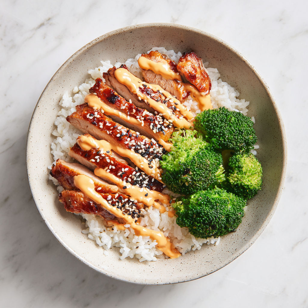 A bowl of rice with chicken and broccoli.
