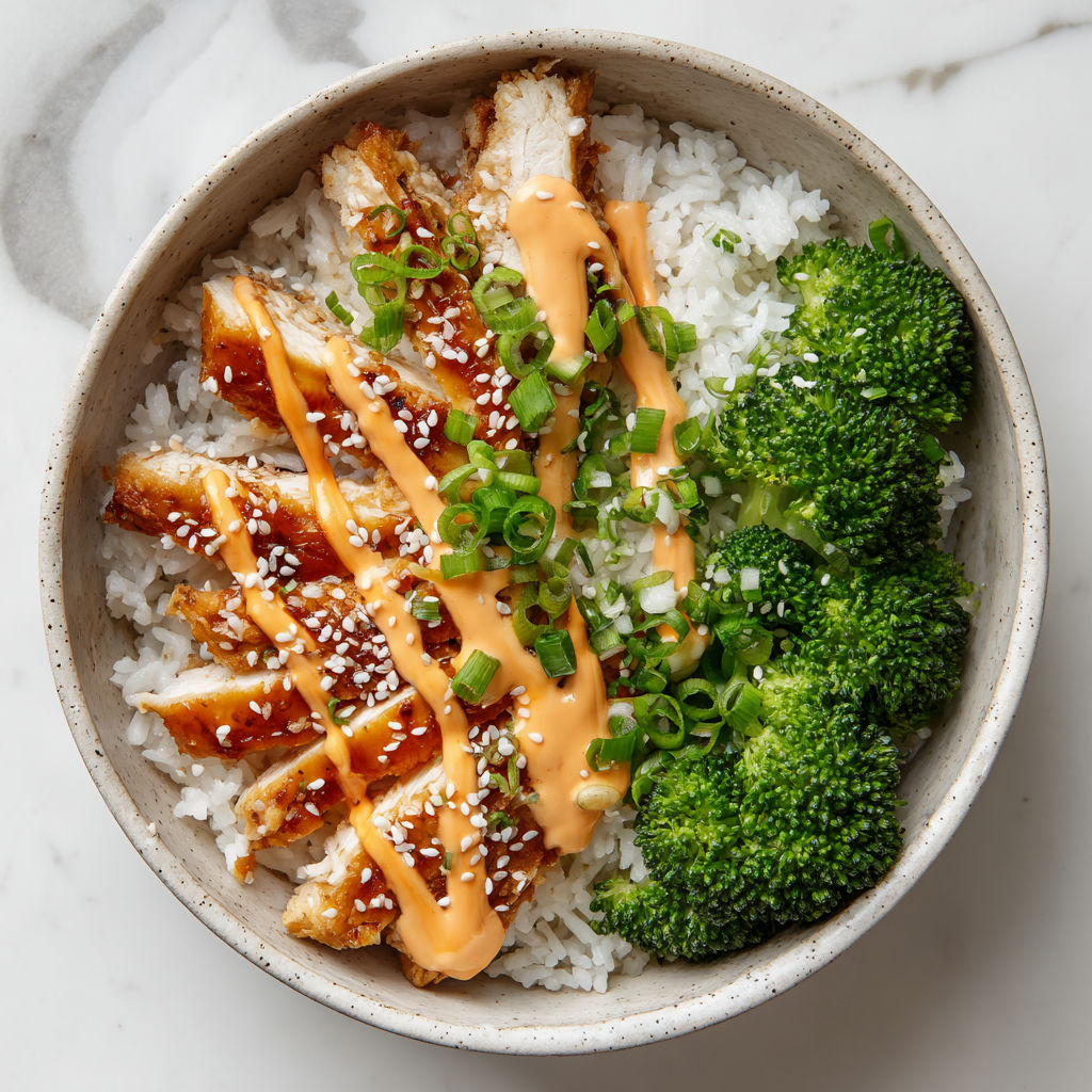 A bowl of rice with chicken and broccoli.