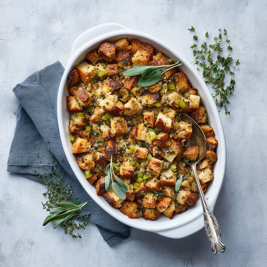 A white bowl filled with a delicious stuffing.