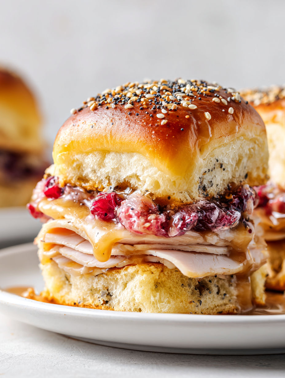 Two sandwiches with turkey and cranberry sauce.