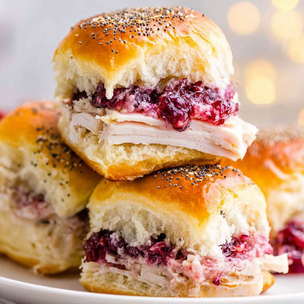 A stack of four Havarti Cranberry Turkey Sliders.