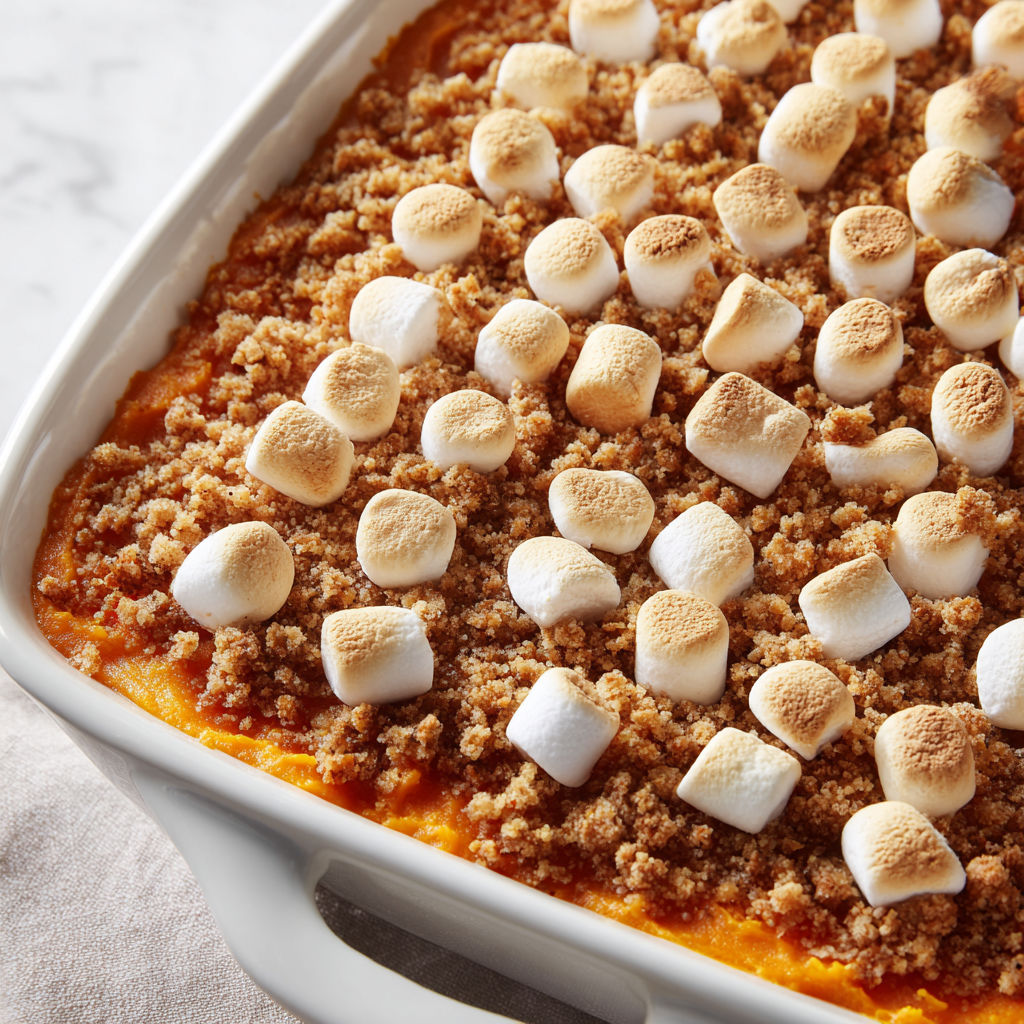 A casserole with marshmallows on top.