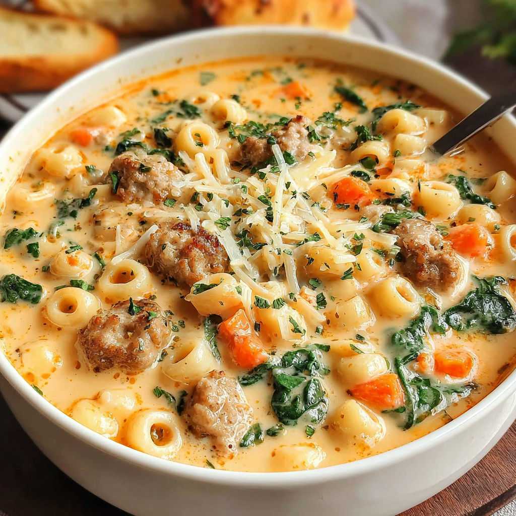 A bowl of creamy Parmesan Italian sausage.