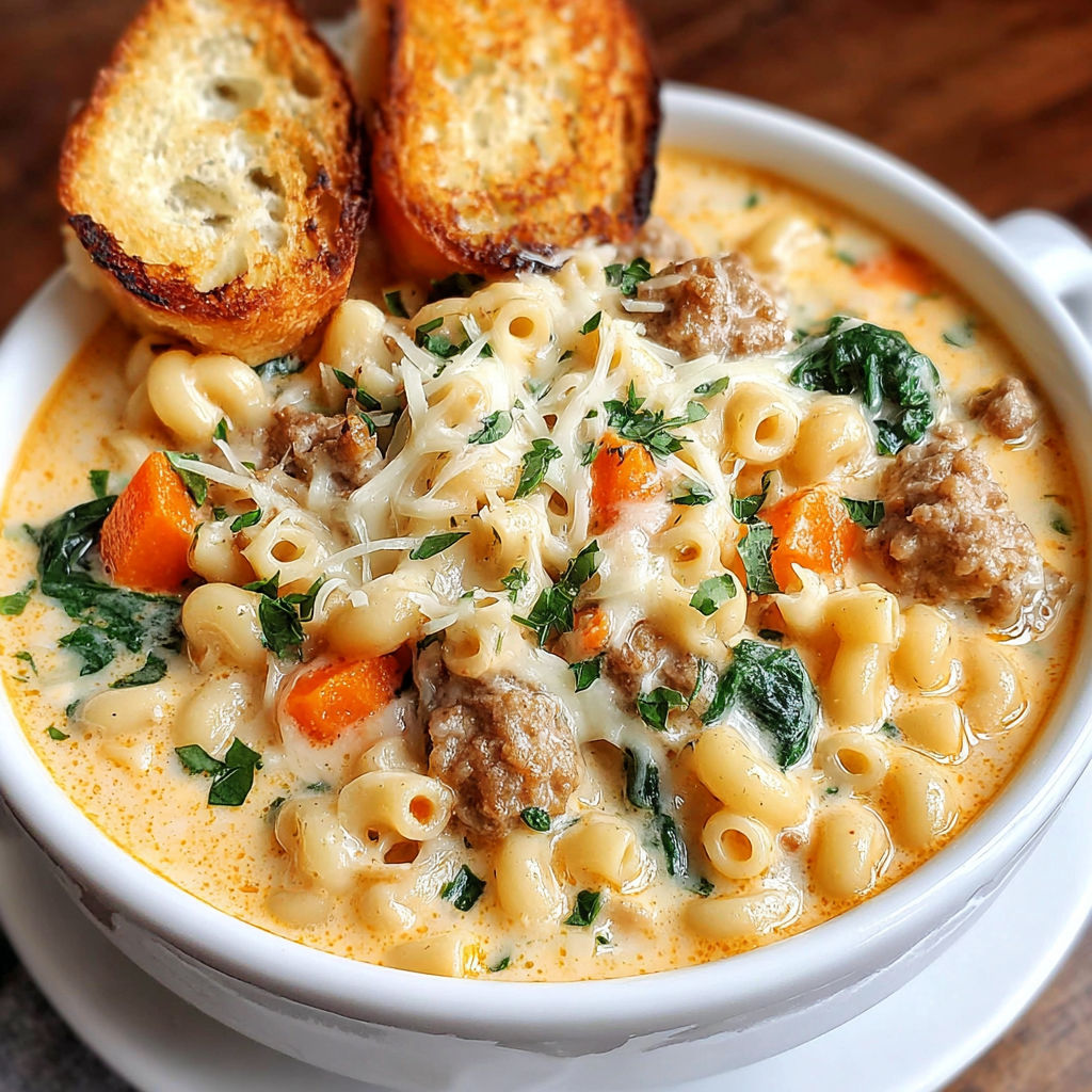 A bowl of soup with bread and meat.