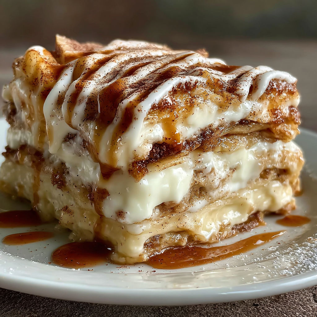 A cinnamon roll apple lasagna on a plate.