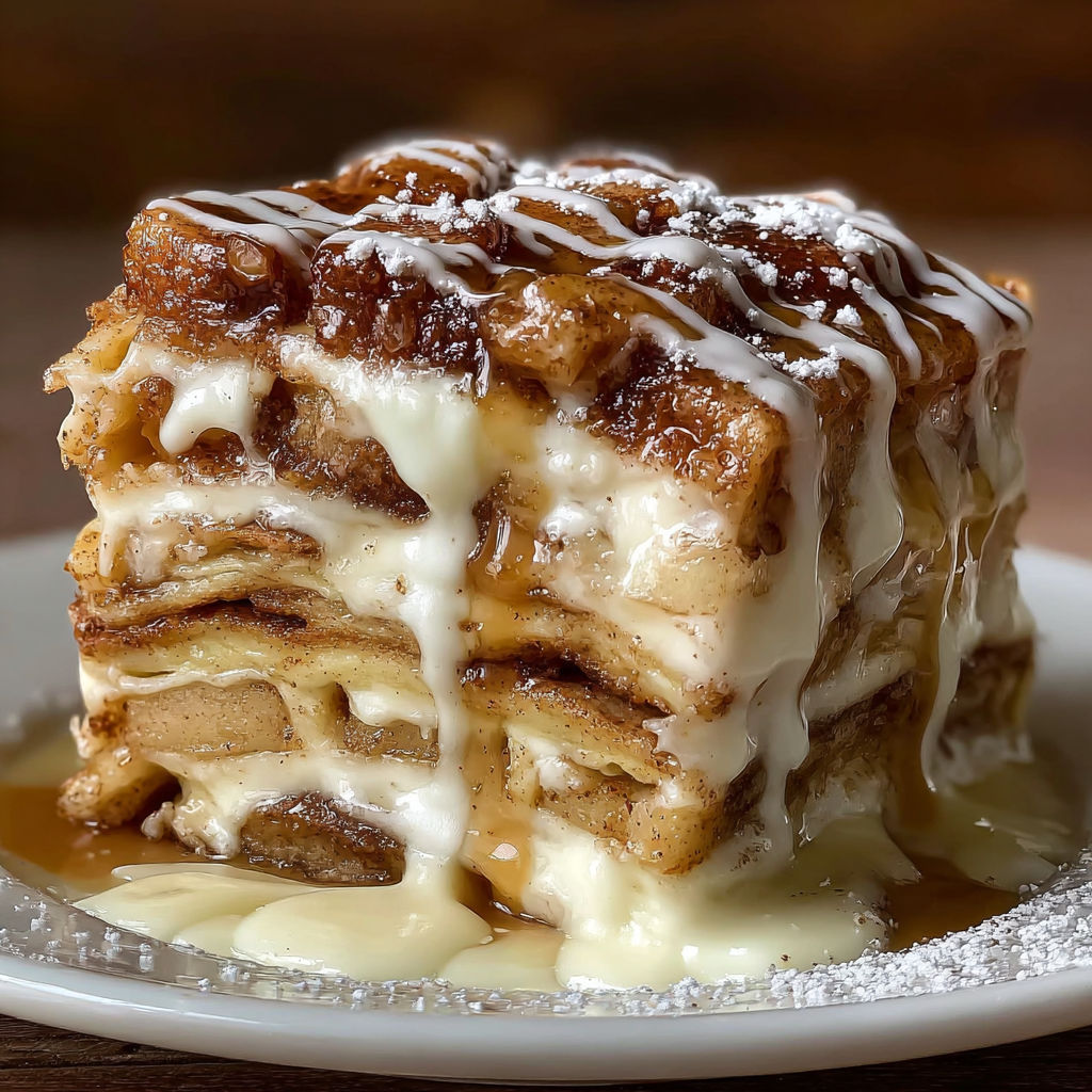 A cinnamon roll apple lasagna with white icing.