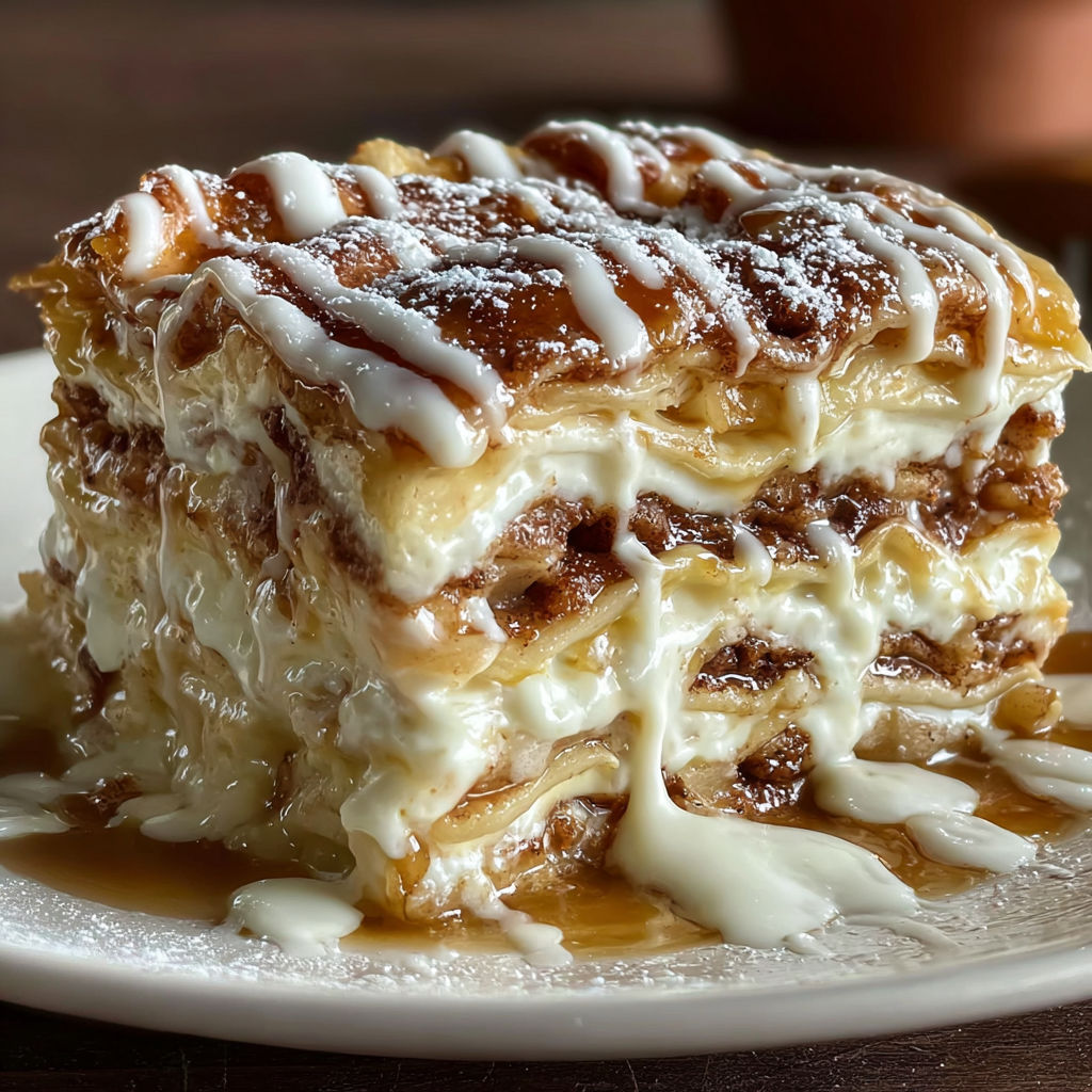 A cinnamon roll apple lasagna with white icing.