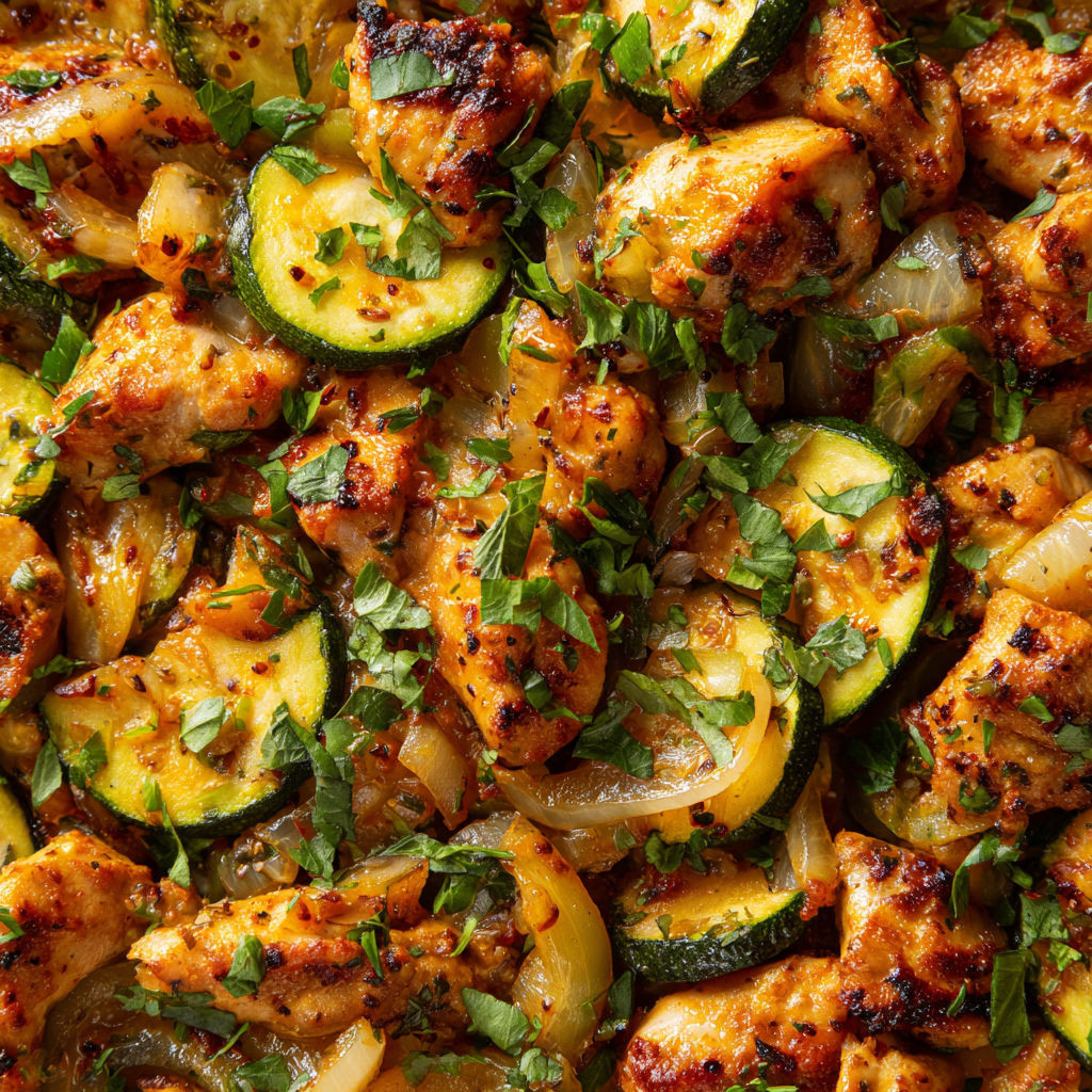 A delicious meal of chicken and zucchini.