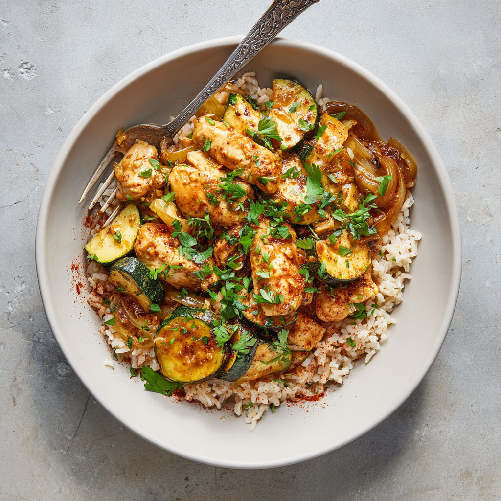 A bowl of rice with chicken and zucchini.