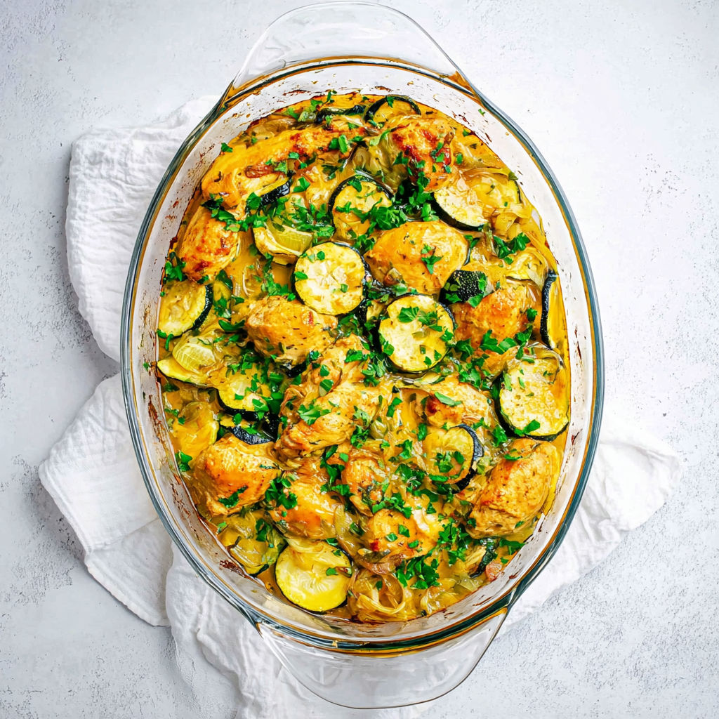 A glass bowl filled with chicken and zucchini.