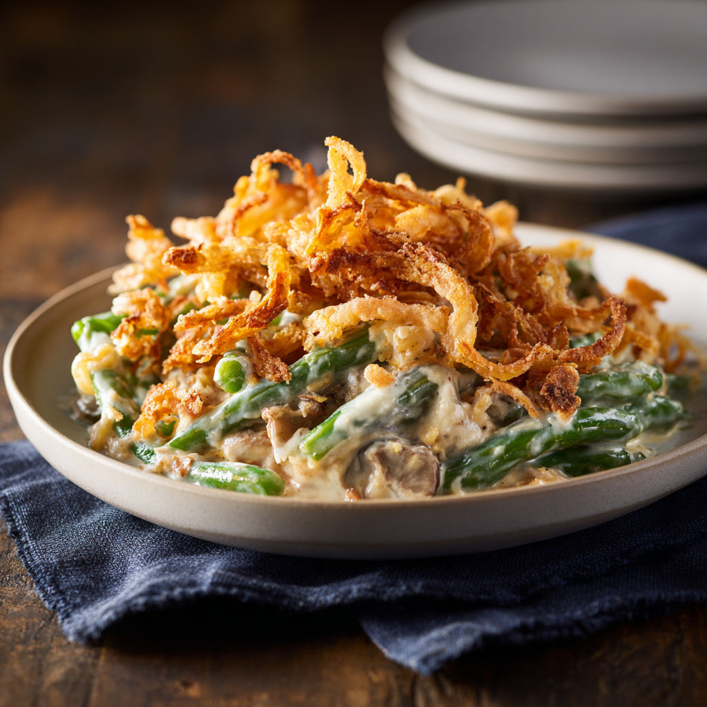 A plate of food with green beans and onions.