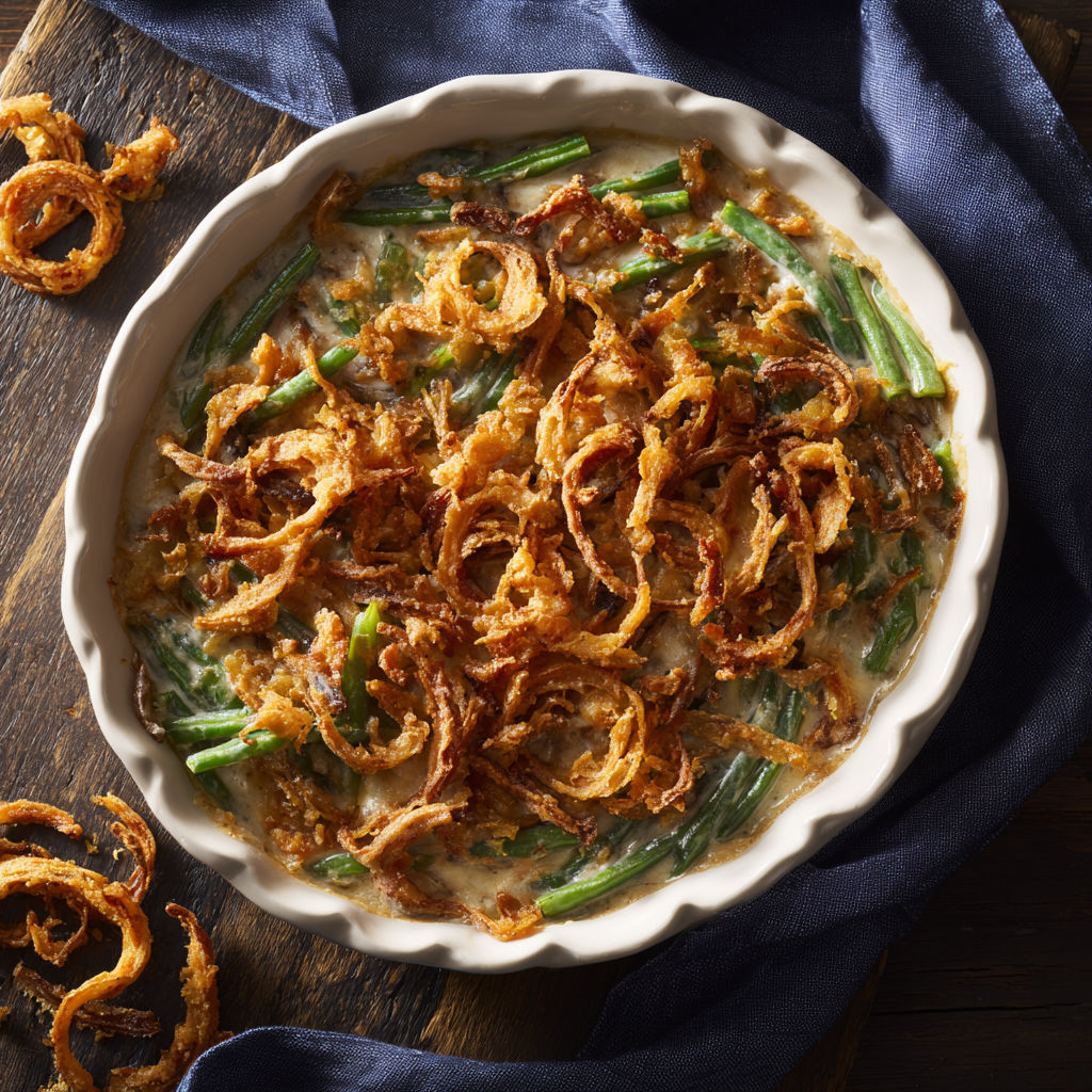 A white bowl filled with a green bean casserole.