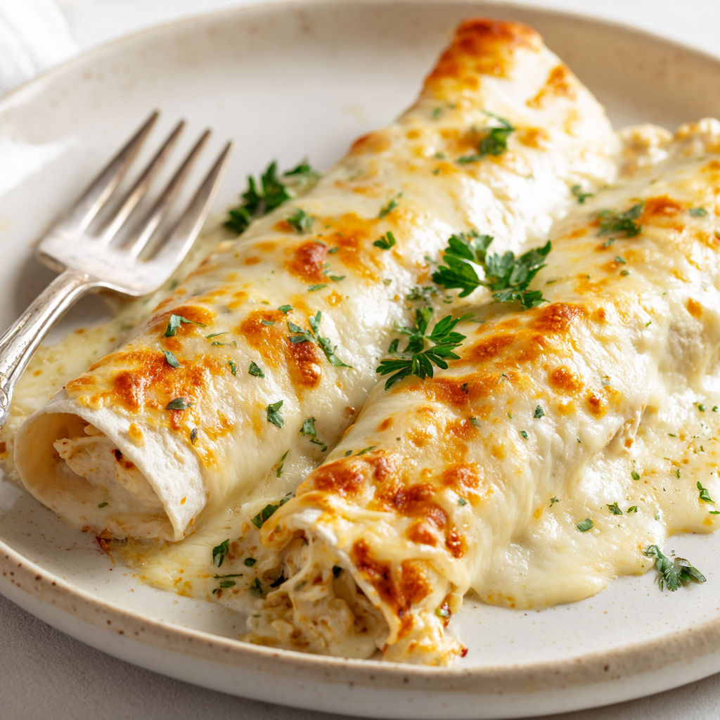 A plate of chicken enchiladas with cheese and herbs.