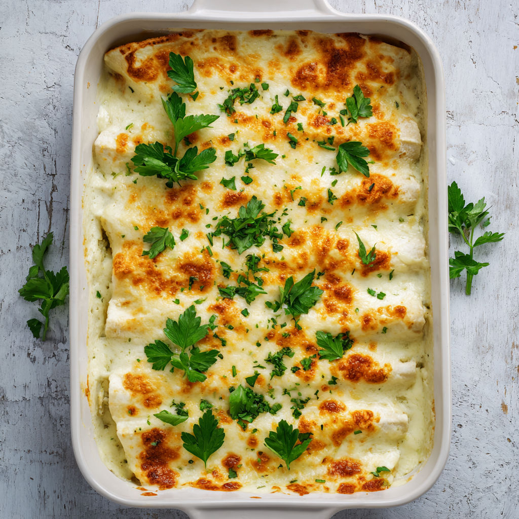 A white bowl filled with chicken enchiladas.