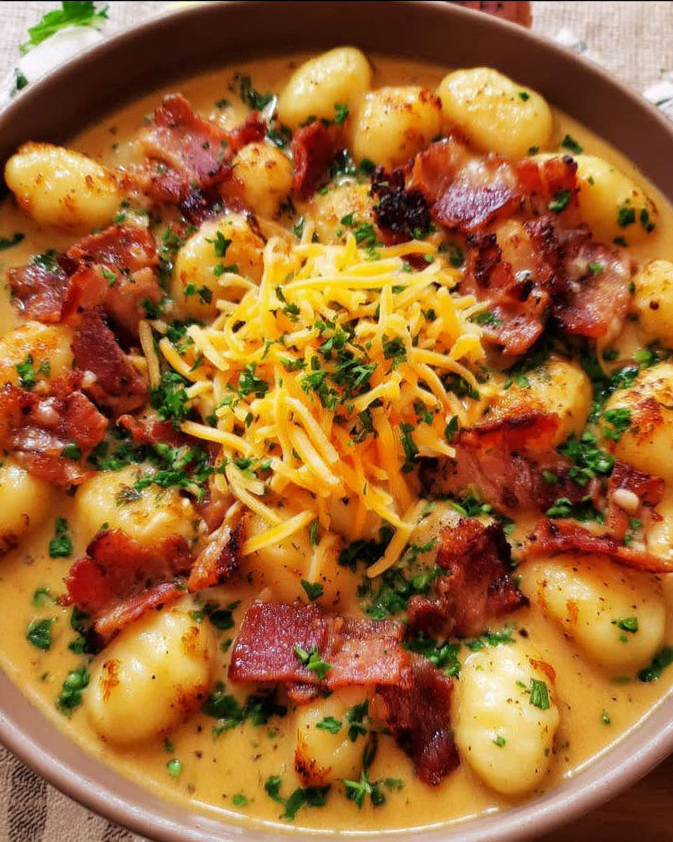 A bowl of creamy turkey bacon cheddar gnocchi soup.