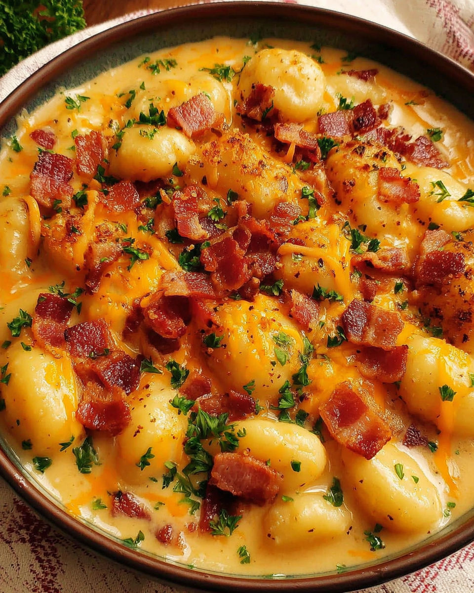 A bowl of creamy turkey bacon cheddar gnocchi soup.