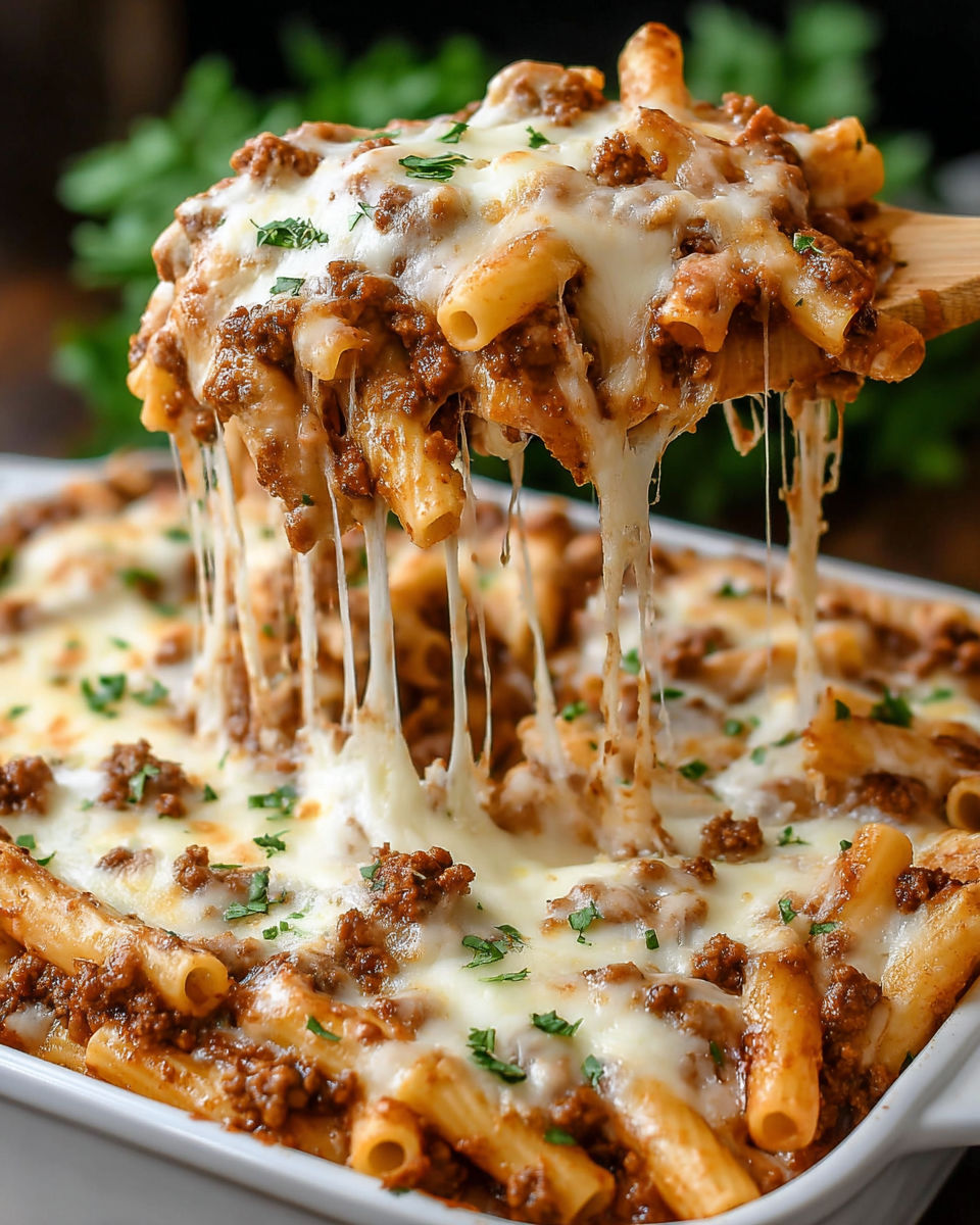 A close up of a delicious baked ziti.