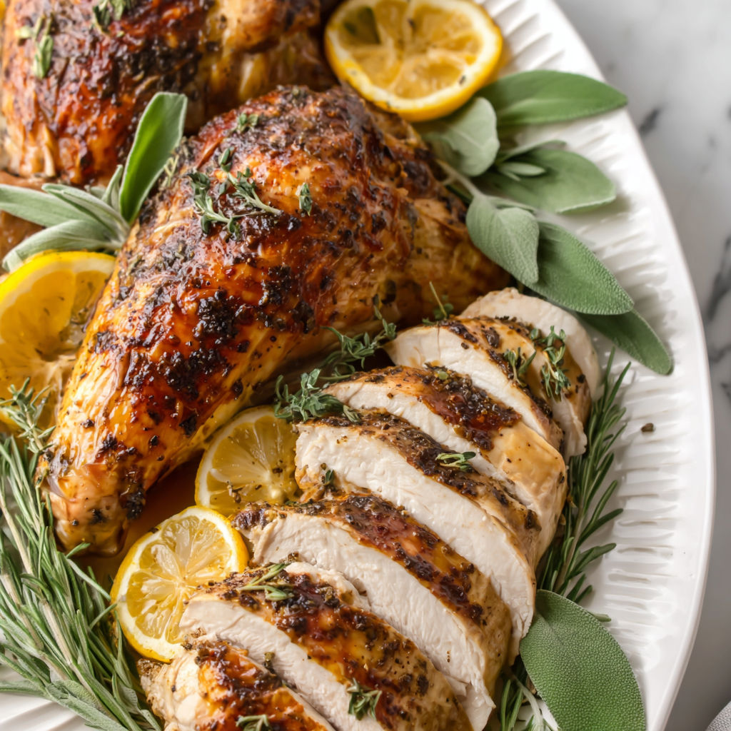 A plate of turkey with herb butter and lemon.