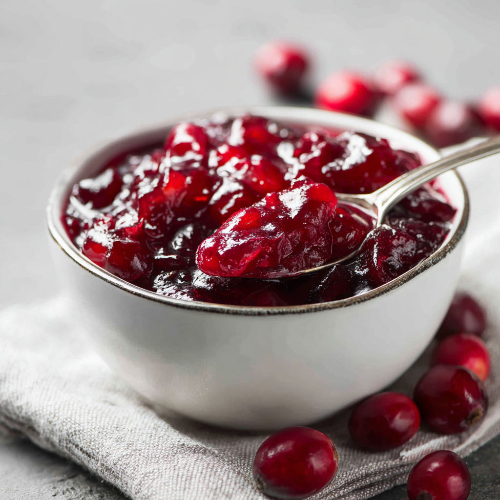 Bowl of red cranberry sauce.