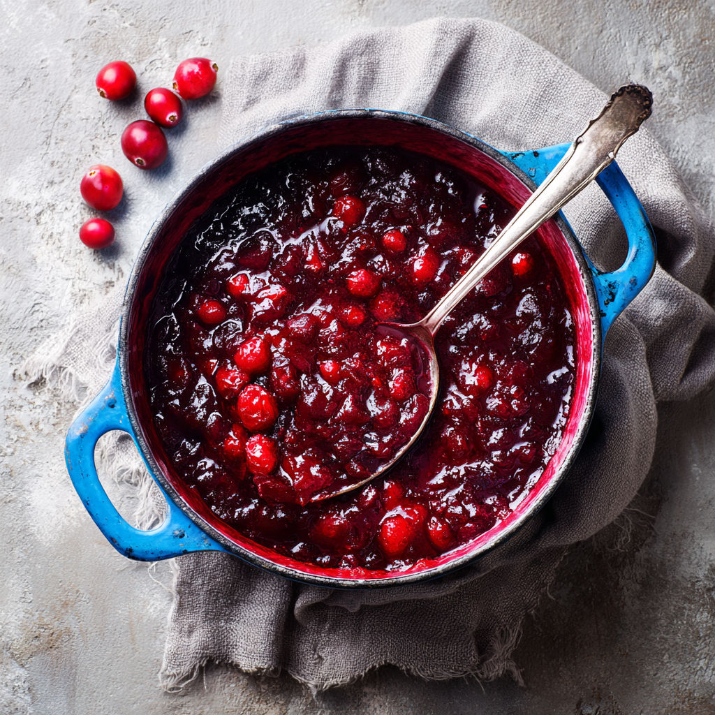 A bowl of red berries with a spoon in it.