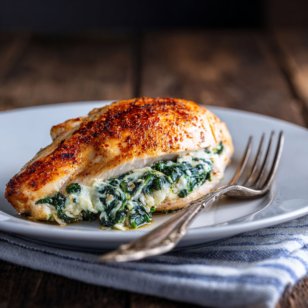 A piece of chicken with greens on a plate.