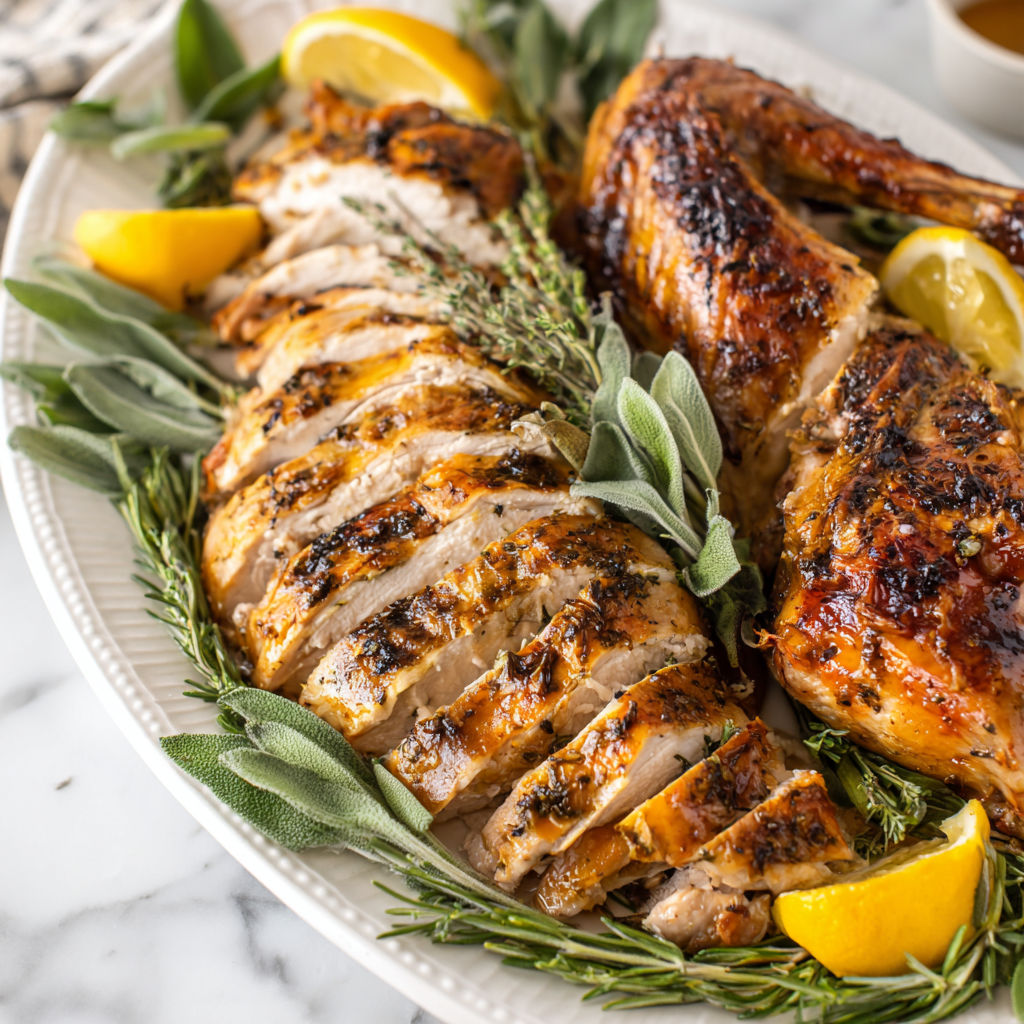A plate of food with lemon wedges on top.