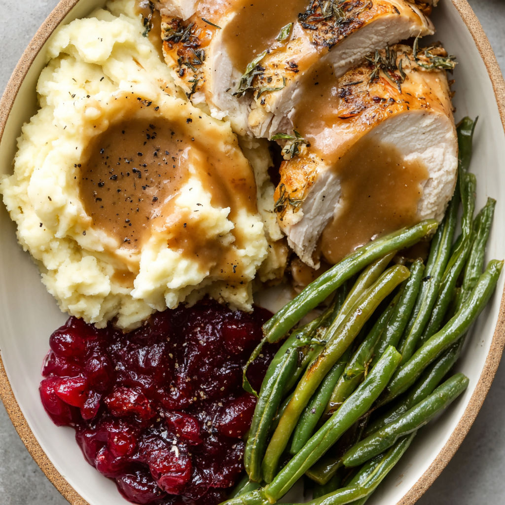 A plate of food with green beans, mashed potatoes, and gravy.